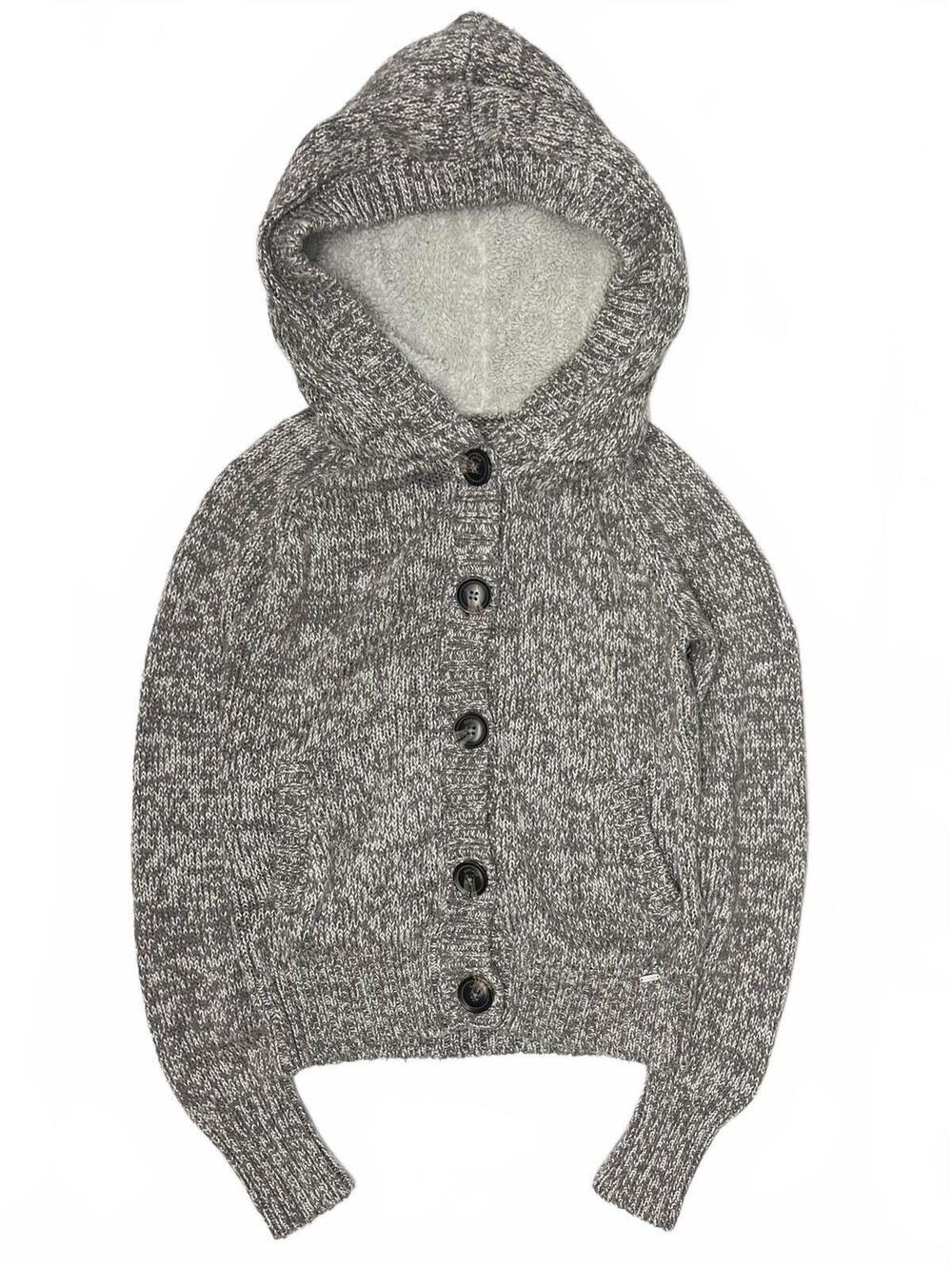 Y2K Garage Grey White Knit Buttoned Sweater Sherpa Lined Hood Sz Xs Bella Swan